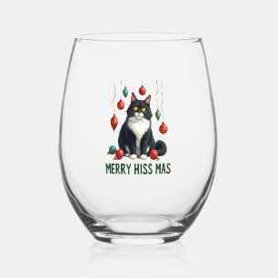 Christmas Tuxedo Cat with Holiday Decorations Merr Stemless Wine Glass
