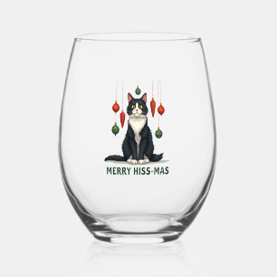 Christmas Tuxedo Cat with Holiday Decorations Merr Stemless Wine Glass