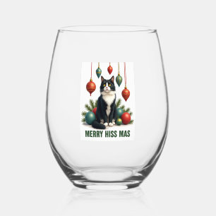 Christmas Tuxedo Cat with Holiday Decorations Merr Stemless Wine Glass