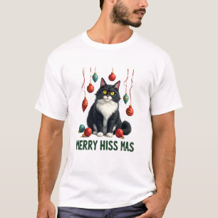 Christmas Tuxedo Cat with Holiday Decorations Merr T-Shirt