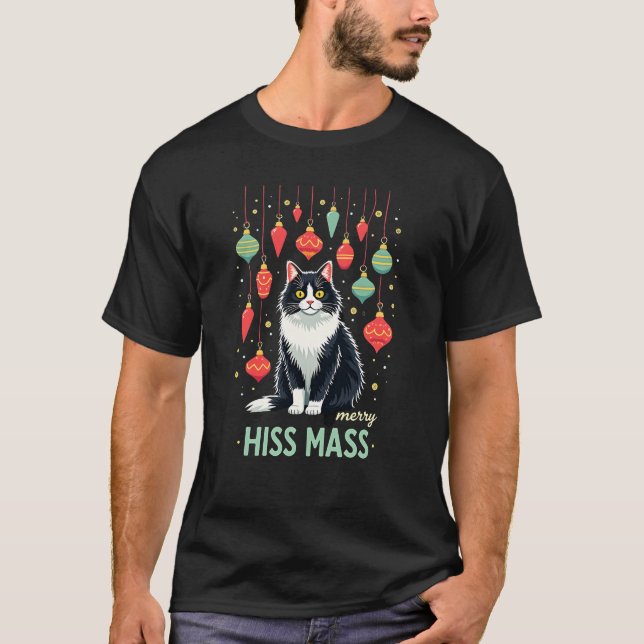 Christmas Tuxedo Cat with Holiday Decorations Merr T-Shirt (Front)