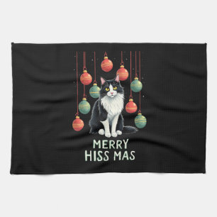 Christmas Tuxedo Cat with Holiday Decorations Merr Tea Towel