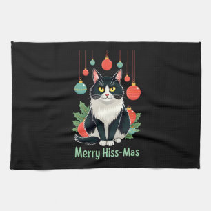 Christmas Tuxedo Cat with Holiday Decorations Merr Tea Towel