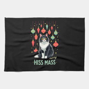 Christmas Tuxedo Cat with Holiday Decorations Merr Tea Towel