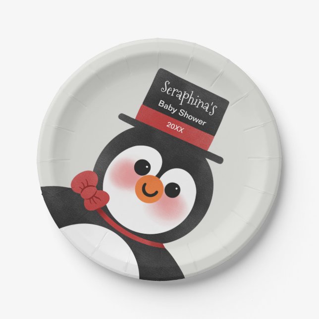 Christmas Tuxedo Penguin Personalised Baby Shower Paper Plate (Front)