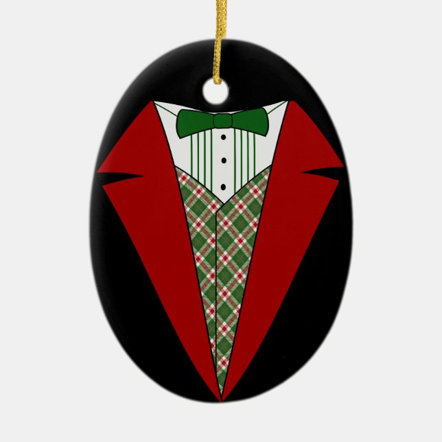 Christmas Tuxedo, Red and Green Elf Ceramic Tree Decoration (Front)