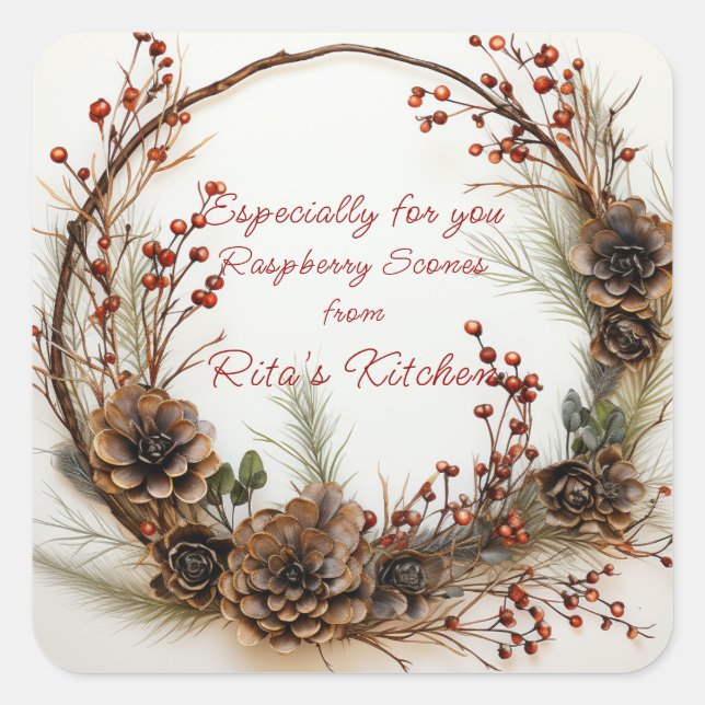 Christmas Twig Wreath Red Berries Pinecones  Square Sticker (Front)