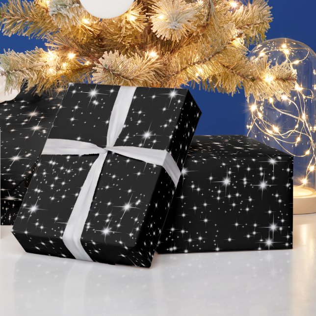 Christmas Twinkling Stars On Black Wrapping Paper (Holidays)