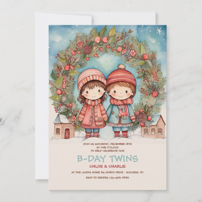 Christmas Twins Birthday Invitation (Front)