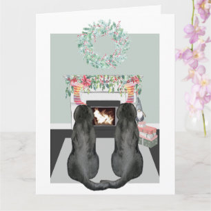 Christmas Two Black Labrador Dogs Fireplace Scene  Card