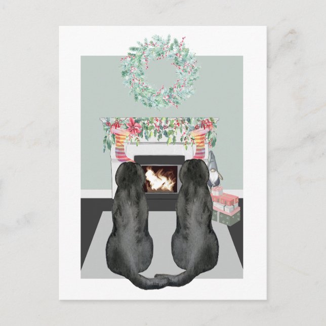 Christmas Two Black Labrador Dogs Fireplace Scene Holiday Postcard (Front)