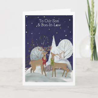 Christmas Two Male Deer Snow Scene Personalised Card