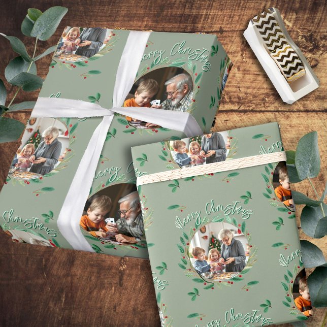 Christmas Two Photo Sage Green Wreath Pattern Wrapping Paper (Creator Uploaded)