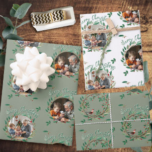 Christmas Two Photo Sage Green Wreath Pattern Wrapping Paper Sheet