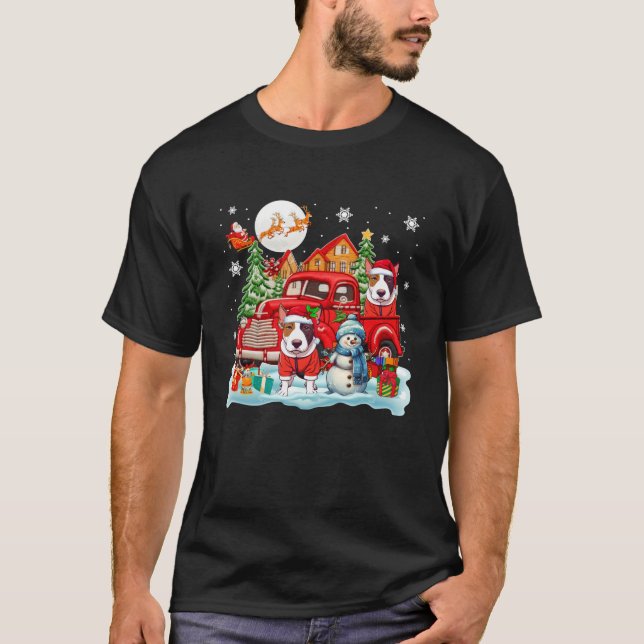 Christmas Two Santa Bull Terriers On Pickup Truck  T-Shirt (Front)