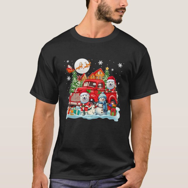 Christmas Two Santa Samoyeds On Pickup Truck Snowm T-Shirt (Front)