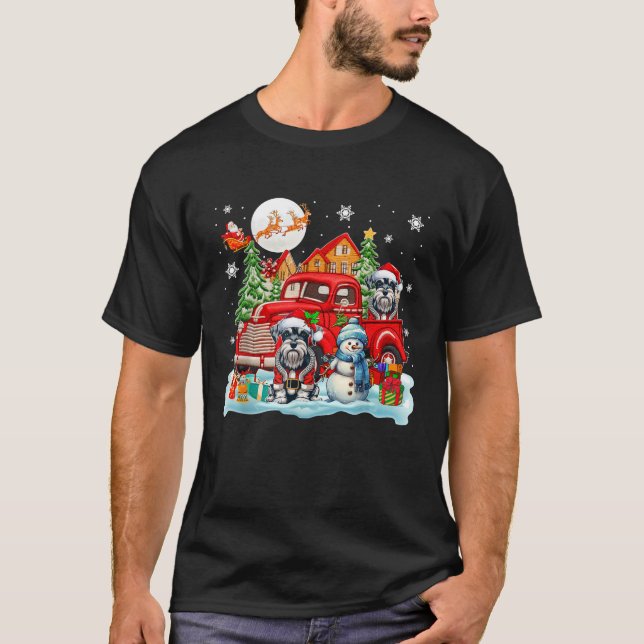 Christmas Two Santa Schnauzers On Pickup Truck Sno T-Shirt (Front)