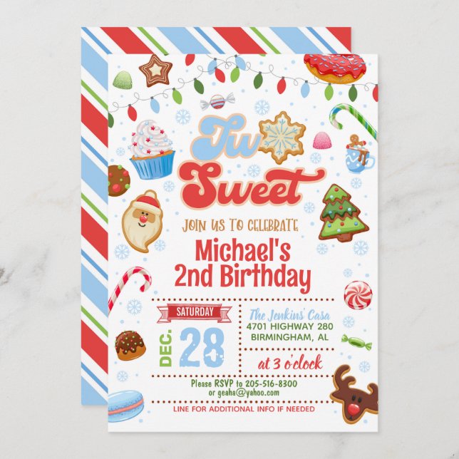 Christmas Two Sweet Birthday Invitation - Boy (Front/Back)