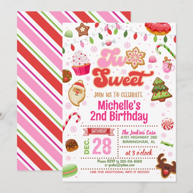 Christmas Two Sweet Birthday Invitation - Girl (Front/Back)