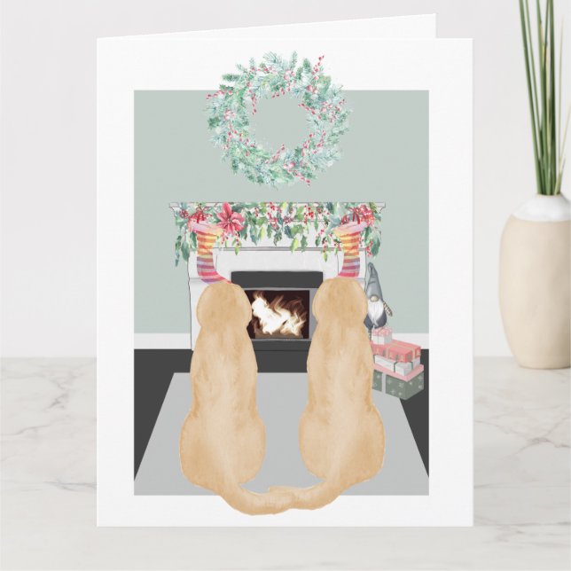 Christmas Two Yellow Labrador Dogs Fireplace Scene Card (Front)