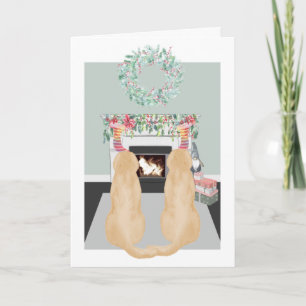 Christmas Two Yellow Labrador Dogs Fireplace Scene Holiday Card