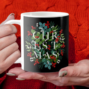 CHRISTMAS Typography Berries and Greenery Coffee Mug