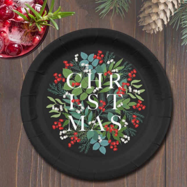 CHRISTMAS Typography Berries and Greenery Paper Plate (Creator Uploaded)