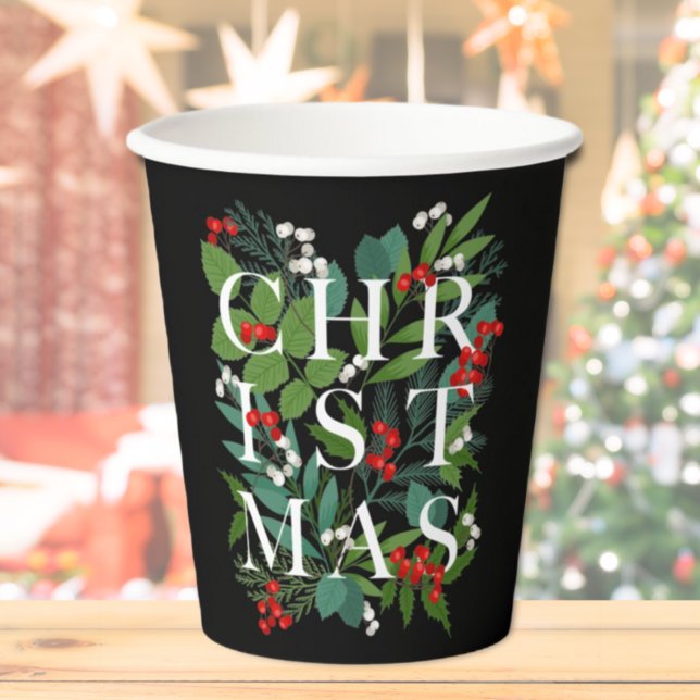 CHRISTMAS Typography Berries Greenery Black Paper Cups (Creator Uploaded)