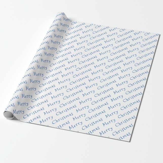 Christmas Typography Blue on White Wrapping Paper (Unrolled)