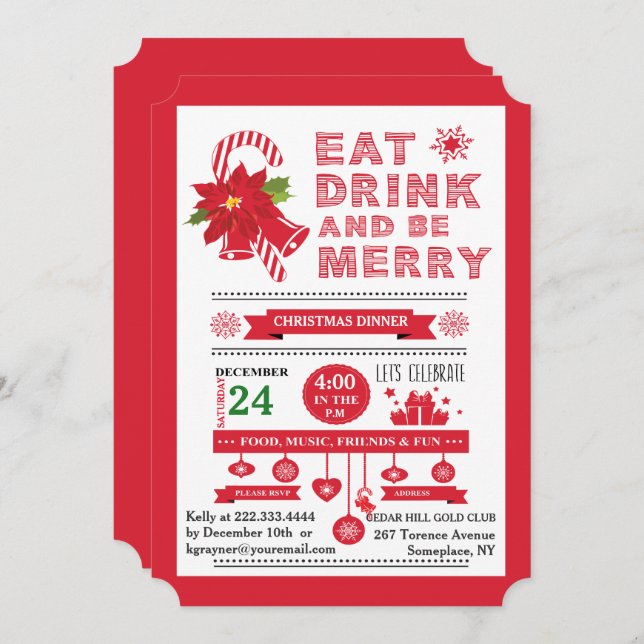 Christmas Typography Eat Be Merry Party Invitation (Front/Back)