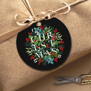 CHRISTMAS Typography Greenery Berries Black Favour Tags