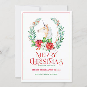 Christmas typography poinsettia & unicorn wreath holiday card