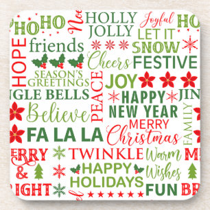Christmas Typography Red & Green Seamless Pattern Coaster