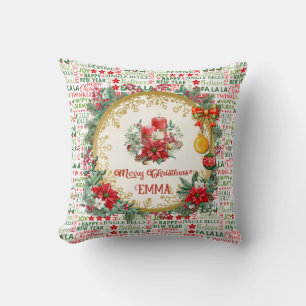 Christmas Typography Red & Green Seamless Pattern Cushion