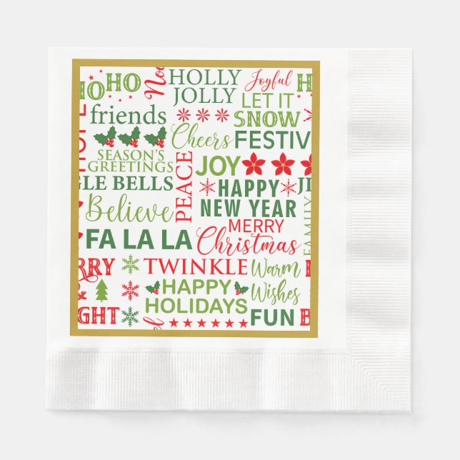 Christmas Typography Red & Green Seamless Pattern Napkin (Front)