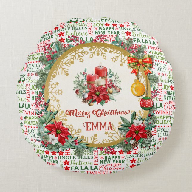 Christmas Typography Red & Green Seamless Pattern Round Cushion (Front)