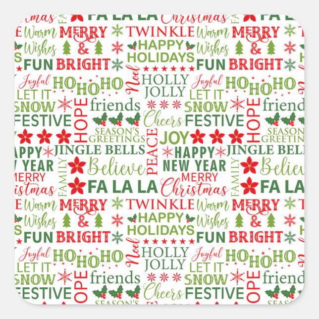 Christmas Typography Red & Green Seamless Pattern Square Sticker (Front)
