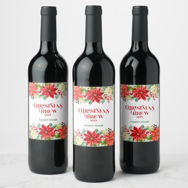 Christmas-Typography & Red Poinsettia Can Cooler Wine Label (Bottles)