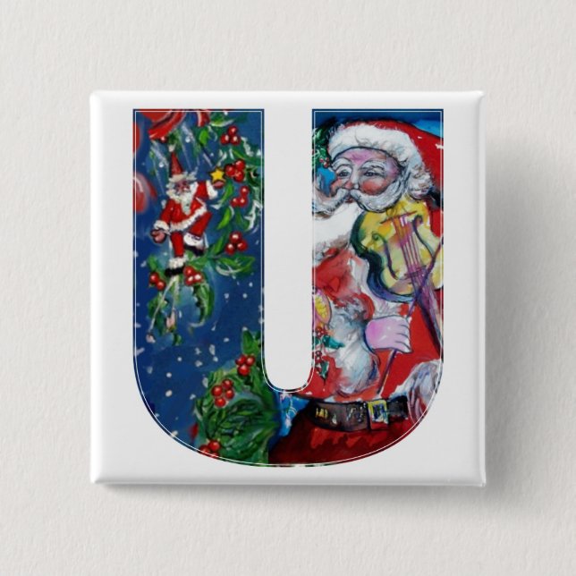 CHRISTMAS U LETTER / SANTA  WITH VIOLIN MONOGRAM 15 CM SQUARE BADGE (Front)