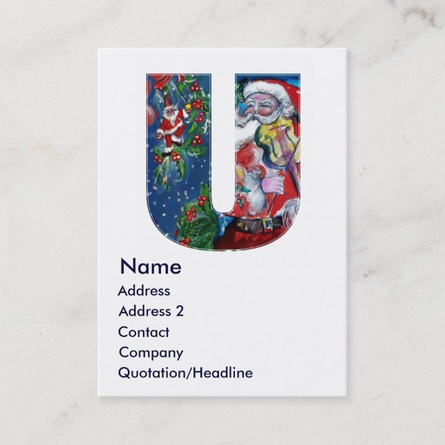 CHRISTMAS U LETTER  / SANTA  WITH VIOLIN MONOGRAM BUSINESS CARD (Front)