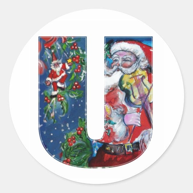 CHRISTMAS U LETTER  / SANTA WITH VIOLIN MONOGRAM CLASSIC ROUND STICKER (Front)