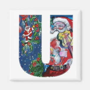 CHRISTMAS U LETTER / SANTA  WITH VIOLIN MONOGRAM MAGNET