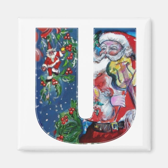 CHRISTMAS U LETTER / SANTA  WITH VIOLIN MONOGRAM MAGNET (Front)