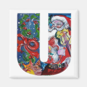 CHRISTMAS U LETTER / SANTA  WITH VIOLIN MONOGRAM MAGNET