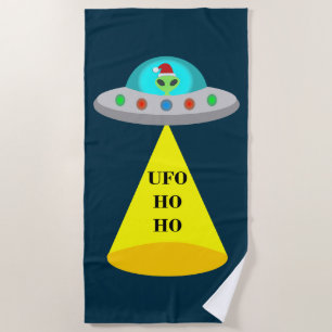 Christmas UFO Ho Ho Alien flying saucer Beach Towel