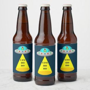 Christmas UFO Ho Ho Alien flying saucer Beer Bottle Label