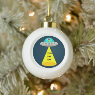 Christmas UFO Ho Ho Alien flying saucer Ceramic Ball Christmas Ornament