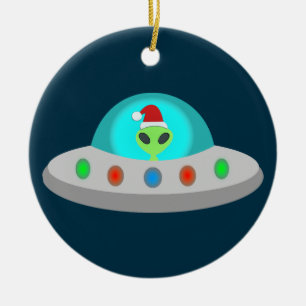 Christmas UFO Ho Ho Alien flying saucer Ceramic Tree Decoration