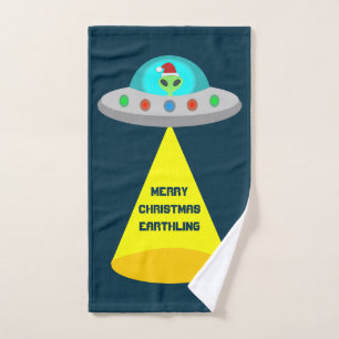 Christmas UFO Ho Ho Alien flying saucer Custom Hand Towel