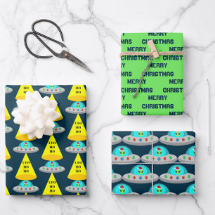 Christmas UFO Ho Ho Alien flying saucer Custom Wrapping Paper Sheet